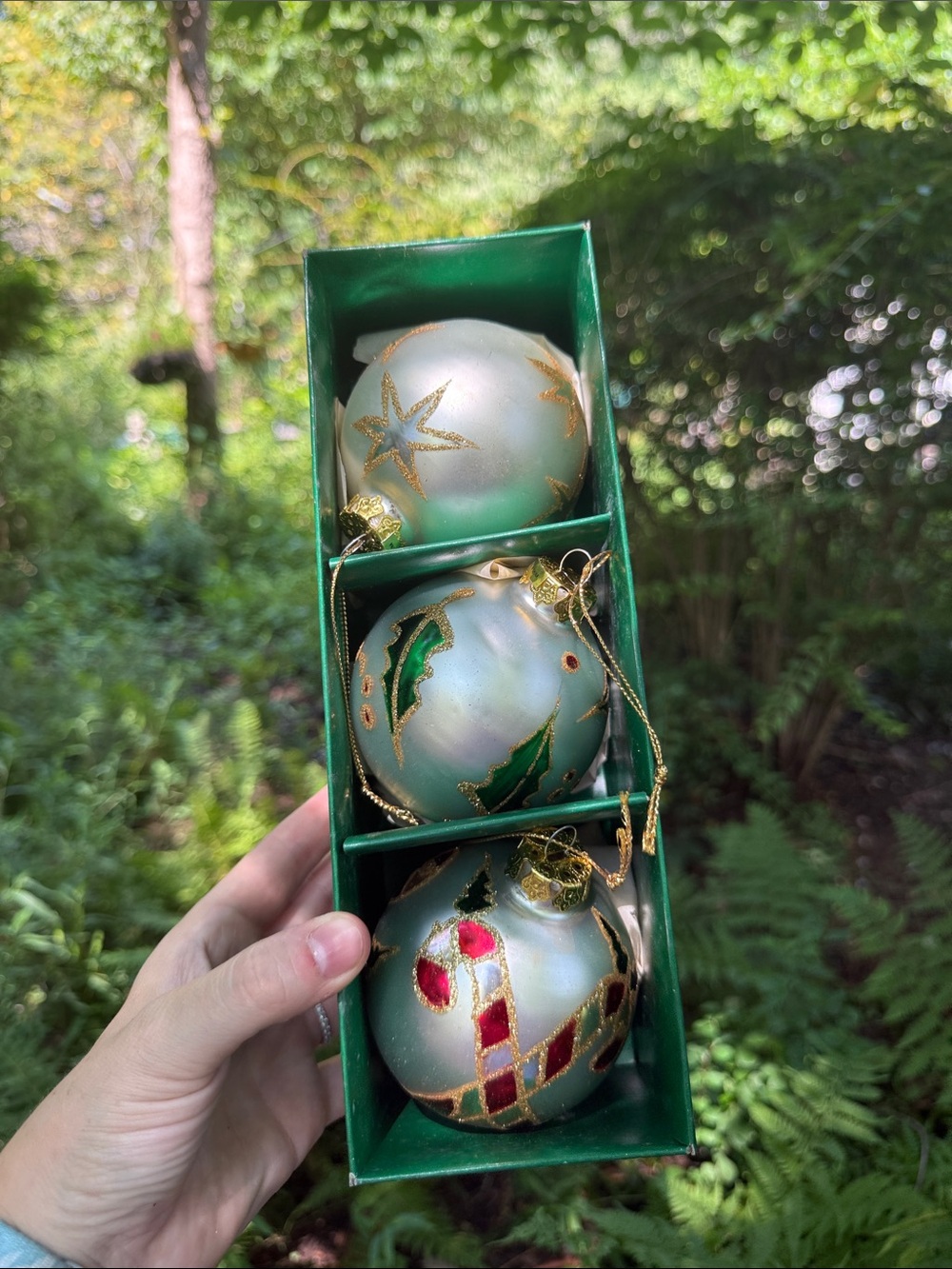 Dansk Silver Glass Holiday Ornament Trio with Green, Gold and Red Accents